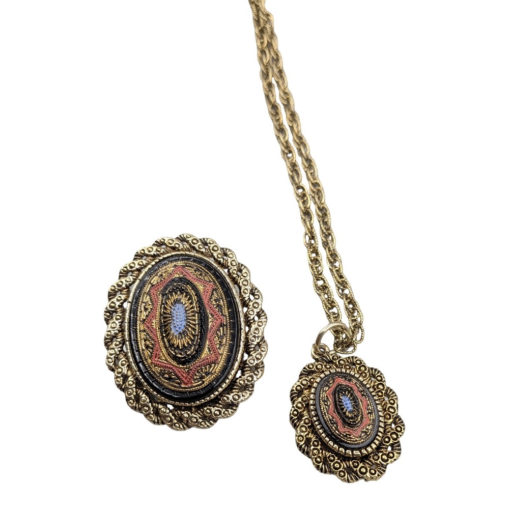 Sarah Coventry Vintage Micro Mosaic Style Necklace and Brooch Set Gold Tone